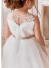 Illusion Neck Ivory Lace Tulle Slit Open Back Flower Girl Dress